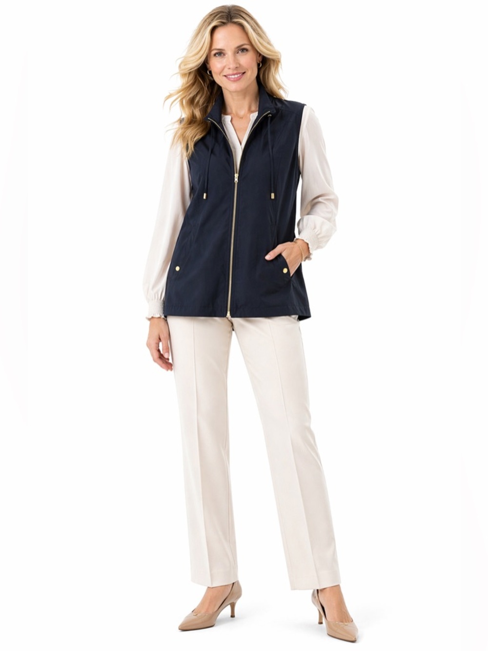 Lane Bryant Navy Zip-Front Utility Vest with Gold Hardware